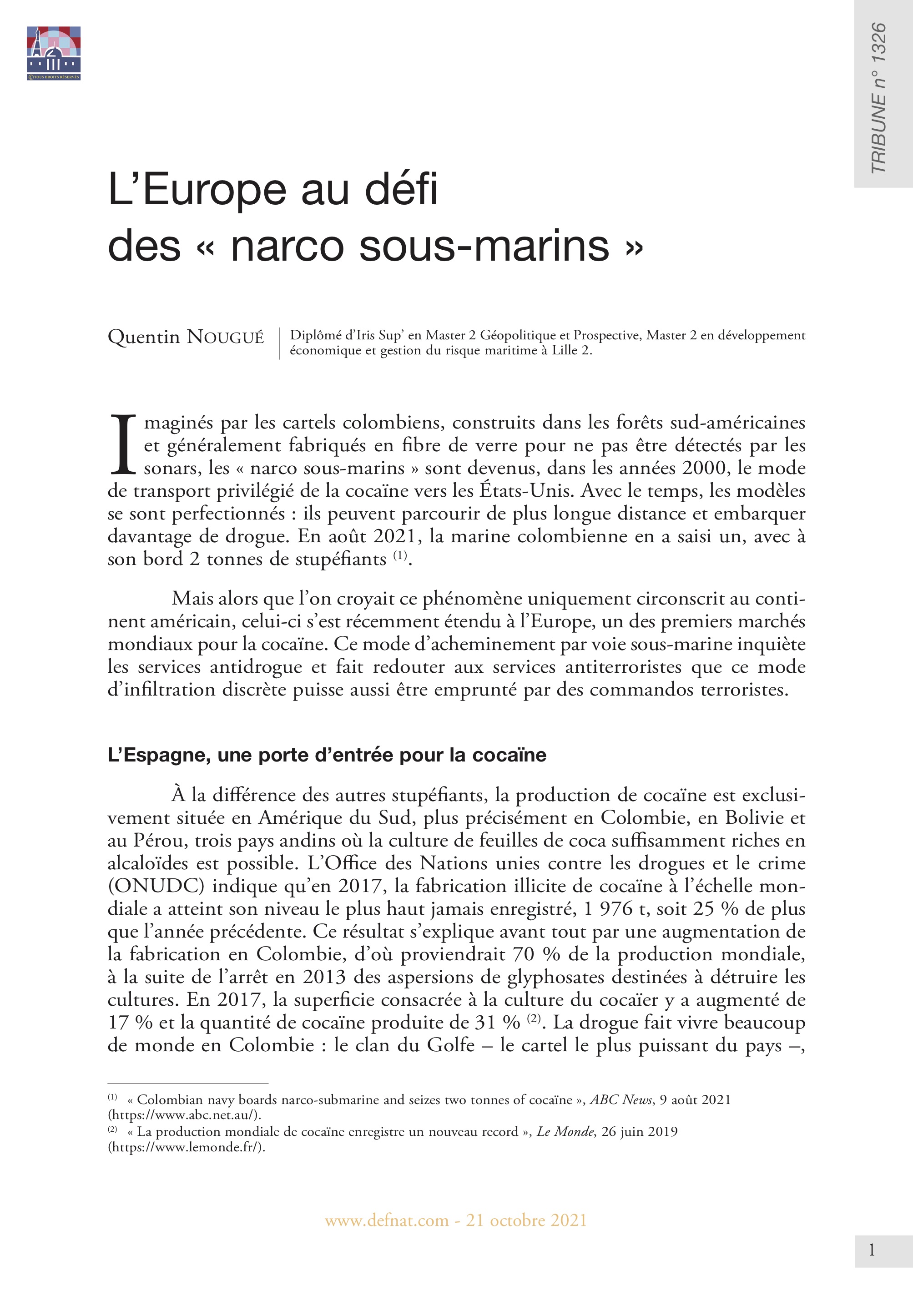 L’Europe au défi des « narco sous-marins » (T 1326)
